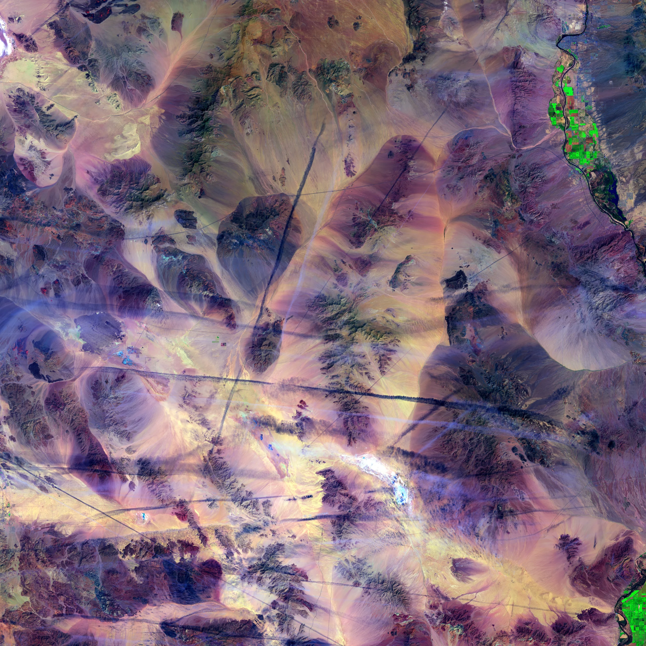 Satellite image of aircraft contrails over the Mojave Desert in California