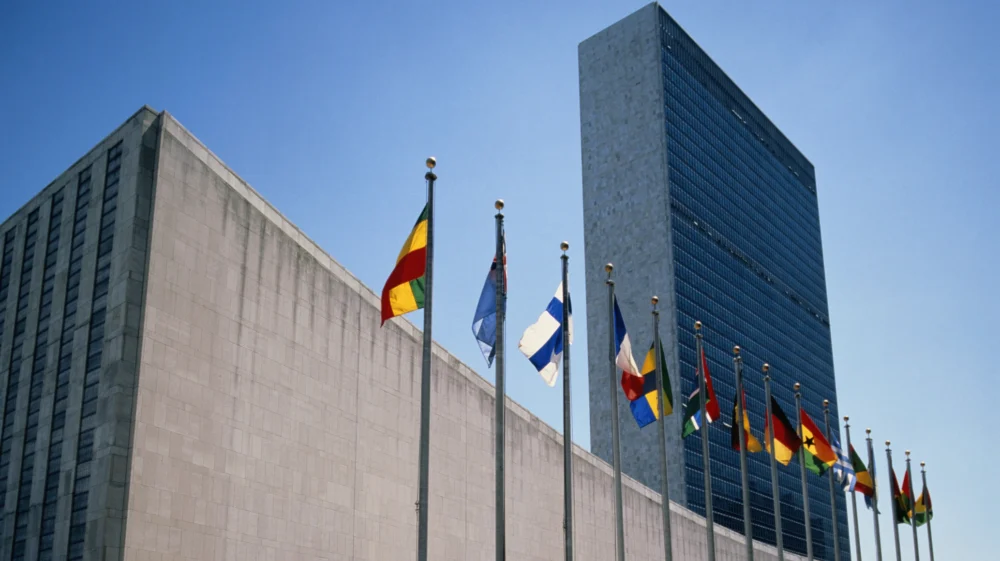 United Nations HQ, with flags.