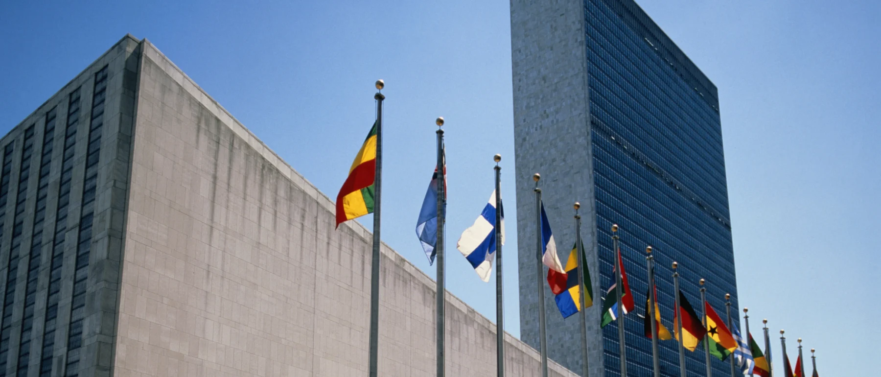 United Nations HQ, with flags.