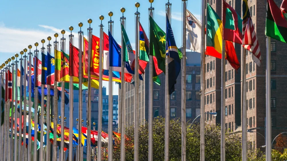 Flags from all countries outside of the UN building in Manhattan.