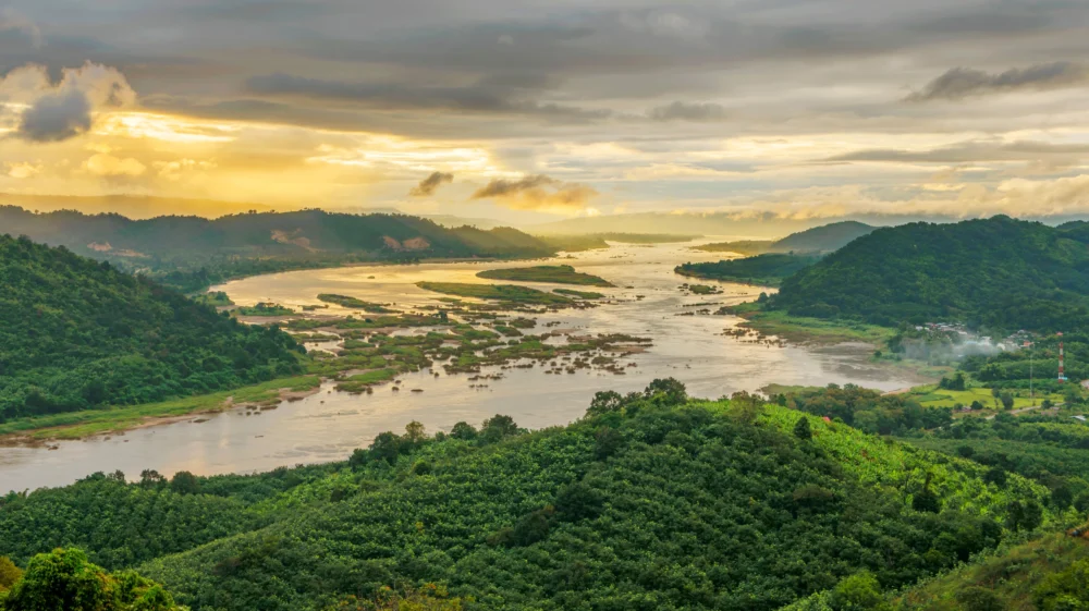 Aerial view of mekong river and forest in Thailand