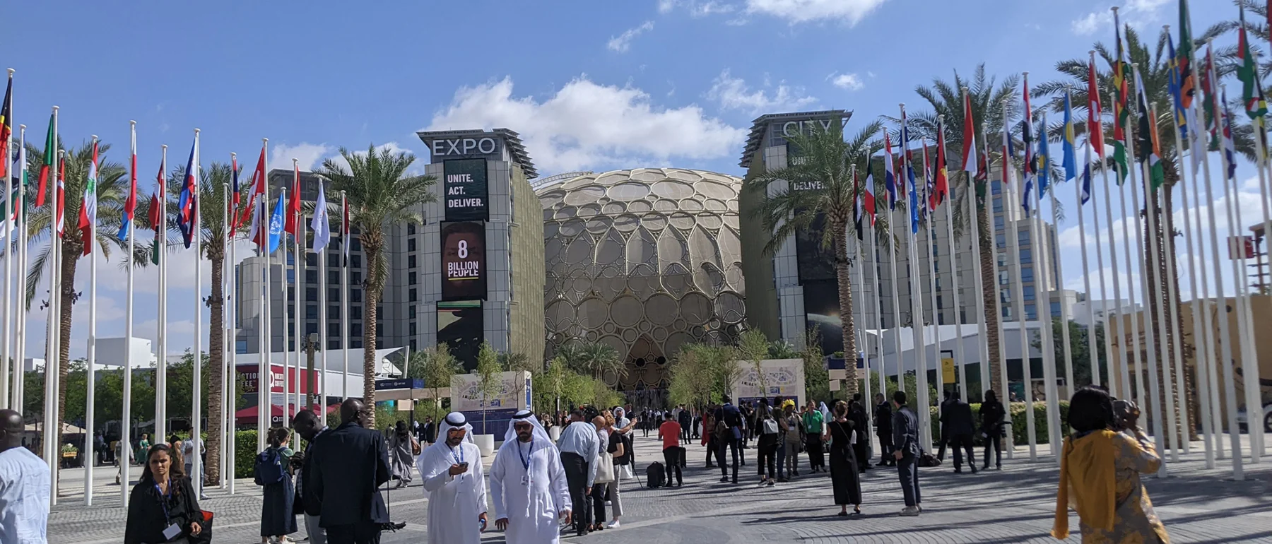 View of the COP28 venue with a bustling crowd, flags of various nations and the distinctive architecture of the pavilions under a clear blue sky.