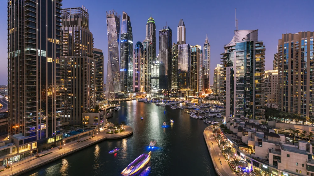 Aerial view on Sheikh Zayed Road, Dubai Downtown at dawn.