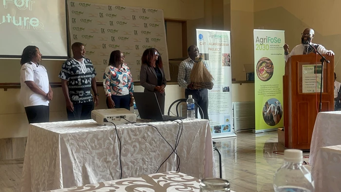 Official launch of the Edible Insects: Food for the Future cookbook in Chinhoyi University of Technology, Zimbabwe. From left to right – Chef Dulsie, Prof. Robert Musundire, Prof. Cecilia Onyango, representative from the Standards Association of Zimbabwe Mrs Loveness Masveure and Prof. Taurai Bere. Photo: Ng'endo Machua-Muniu