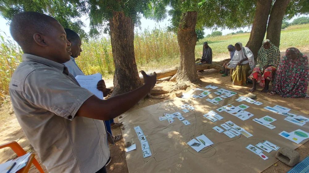 Two people standing on the left speak to a group of people sitting on the right, with a blanket in between covered with pieces of paper with pictures of agricultural