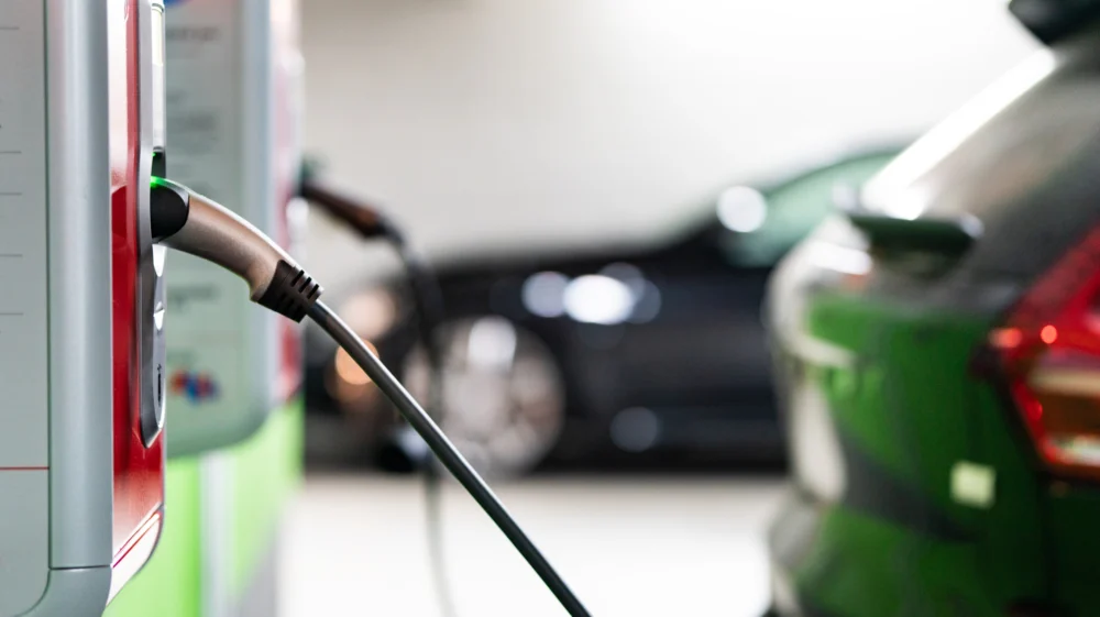 Charging station for electric vehicles in a public garage.