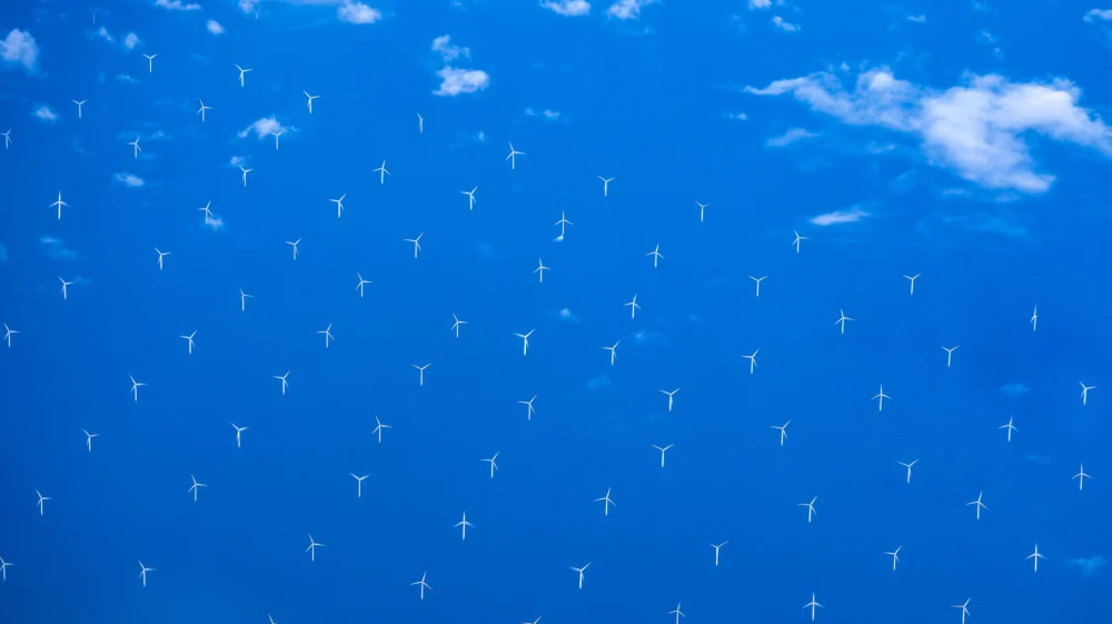 Aerial image of an offshore wind farm in the North Sea, Europe