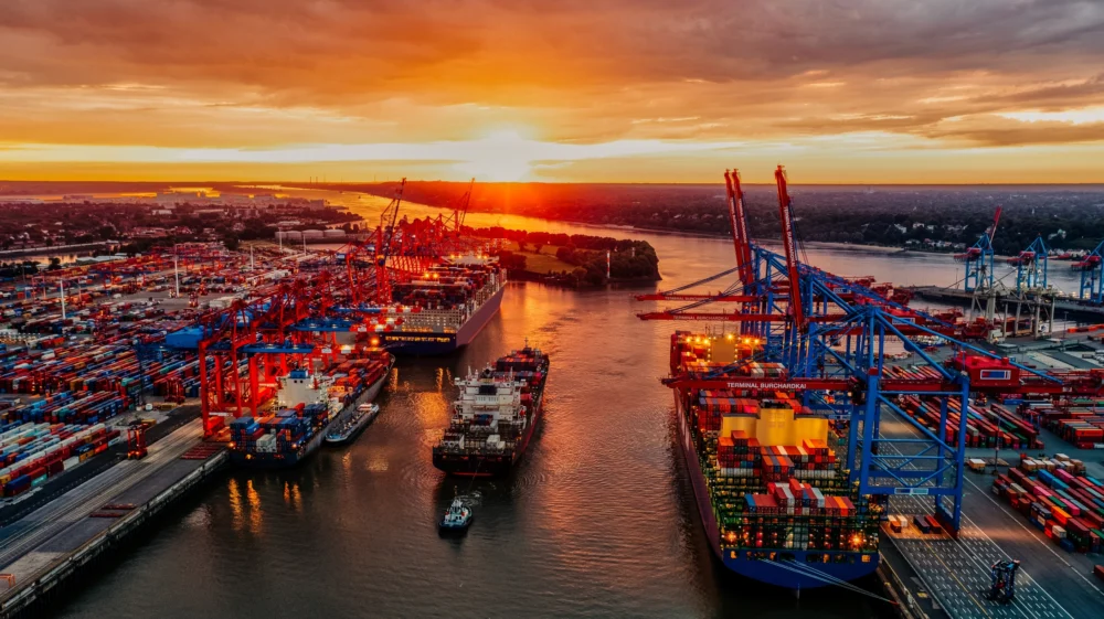 An aerial view of container ships in Hamburg dock