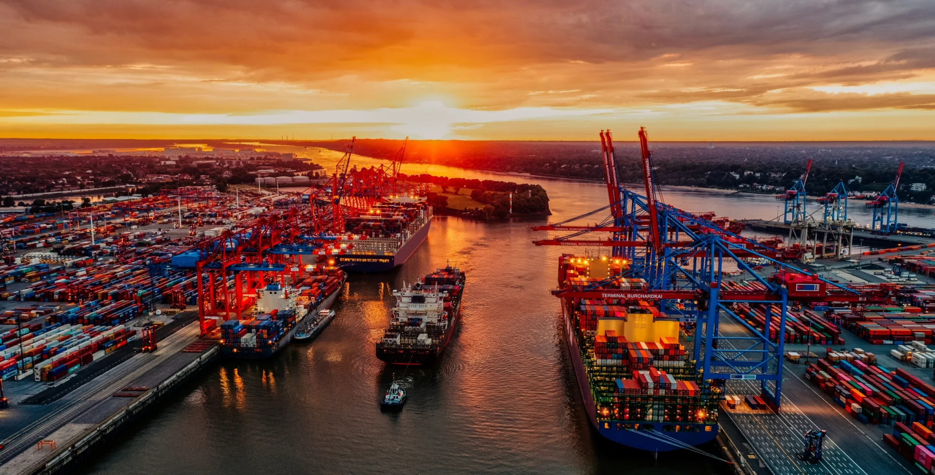 An aerial view of container ships in Hamburg dock