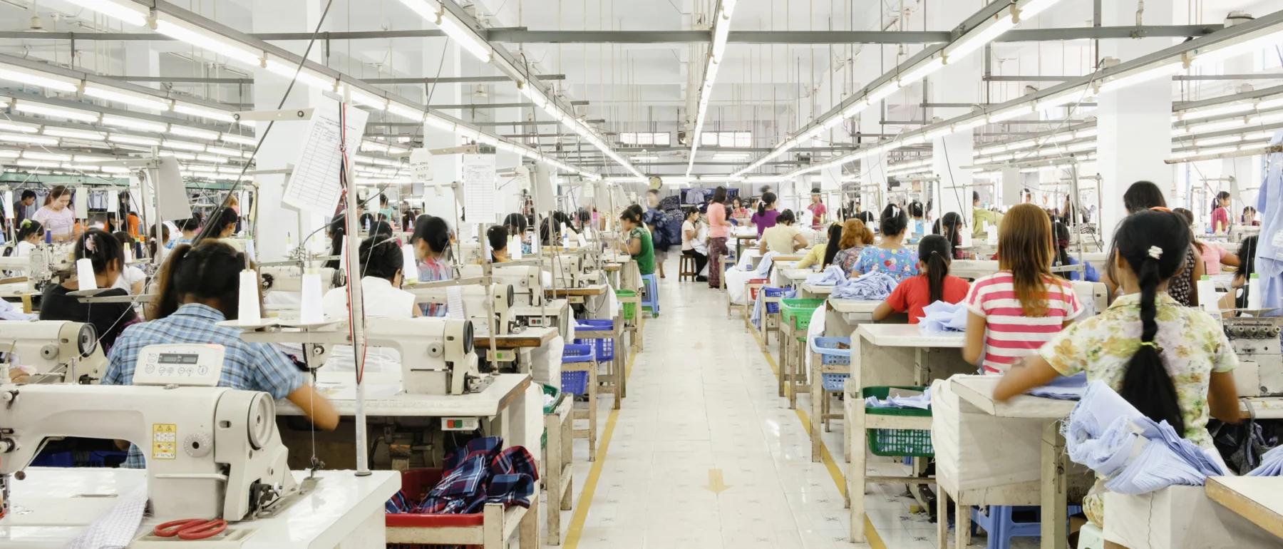 Asian workers sewing clothing in garment factory - stock photo of a long aisle perspective shot with the backs of what looks to be mostly women sitting at sewing machines on long tables on either side with fluorescent lights and bright white ceiling, pillars, and floor.