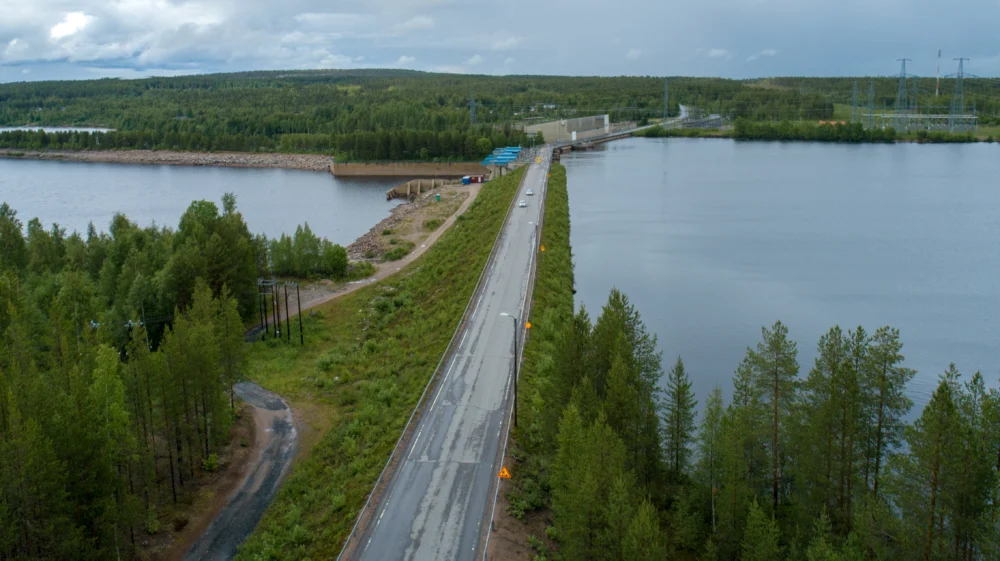 Valajaskoski Rovaniemi Finland, one of the dams at Kemijoki river on a rainy summer day taken from the air