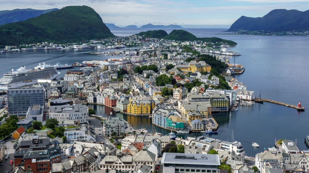 Aerial view of a city with mountains in the background, Ålesund, Norway