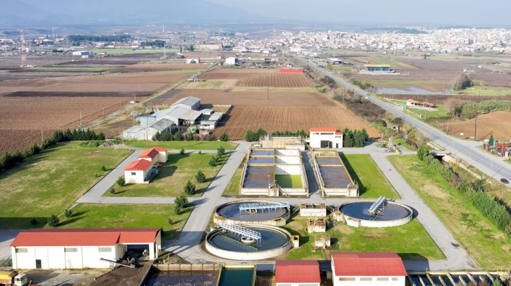 Aerial view of Giannitsa city sewage treatment plant, Greece
