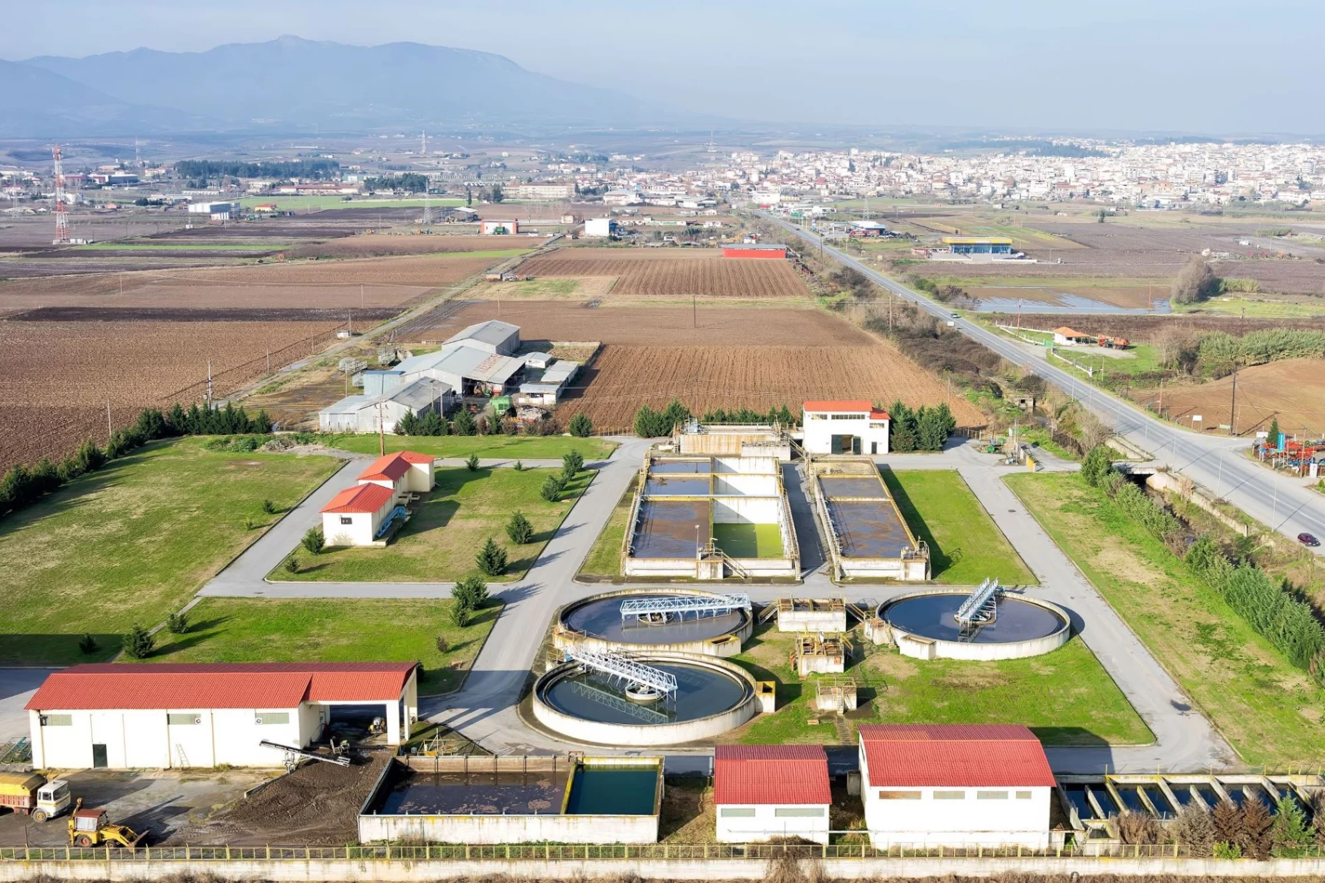Aerial view of Giannitsa city sewage treatment plant, Greece