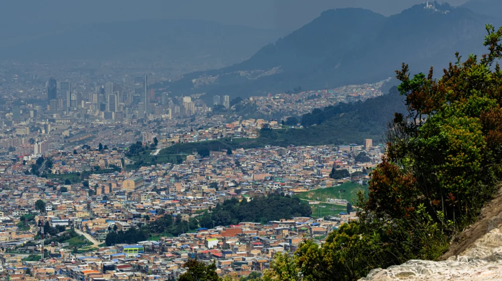 View of the polluted city of Bogotá from the Entre Nubes Park in the neighborhood of Usme.