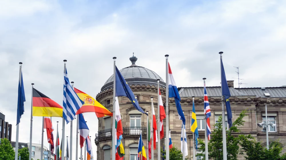 European countries flags at Strasbourg, Alsace, France.