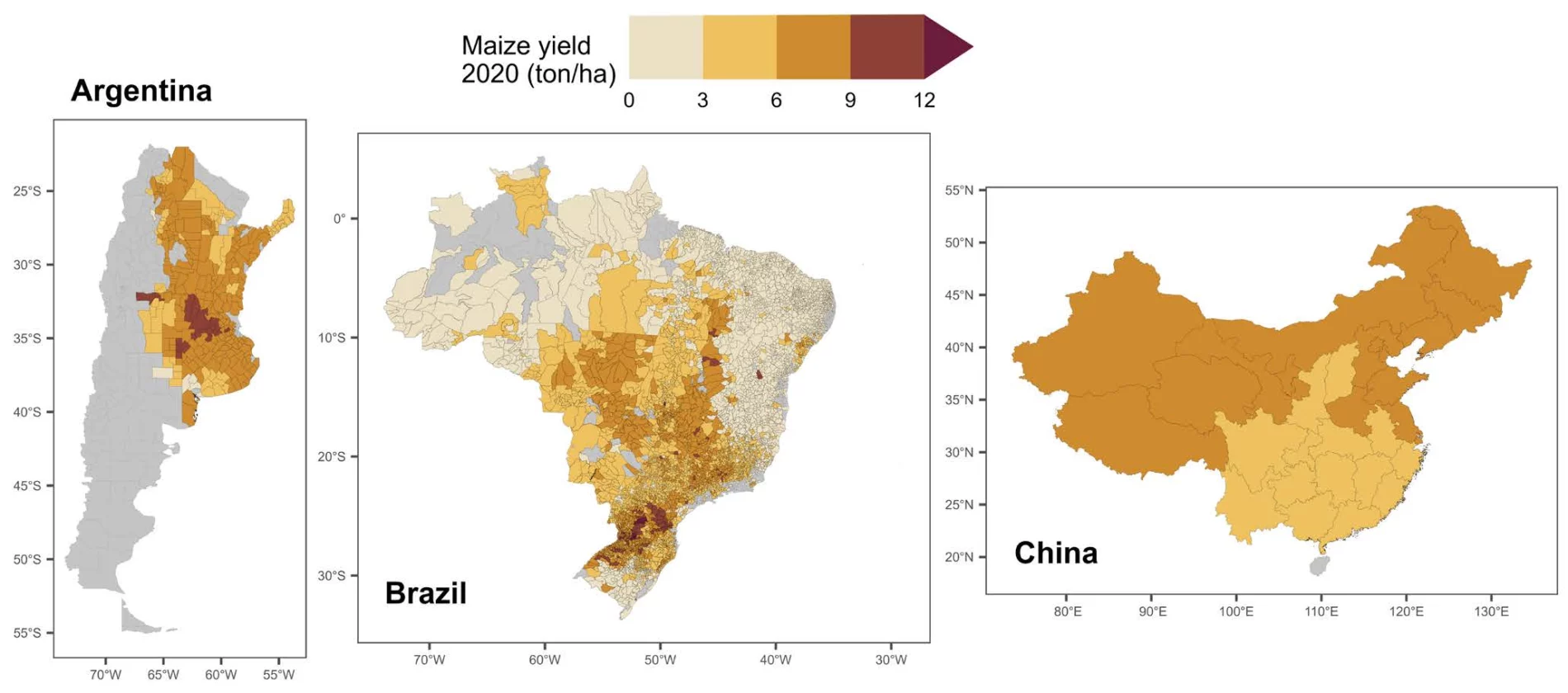 Maps of Argentina, Brazil and China show maize yields for subnational levels (states and other geographic entities) in golden yellow hues.