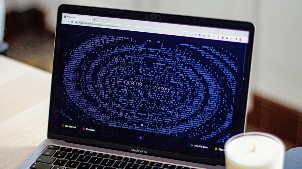 Close up of an open laptop on a wooden desk. The screen displays the Midjourney homepage: a black background filled with concentric circles of blue code, with the Midjourney logo in the middle.