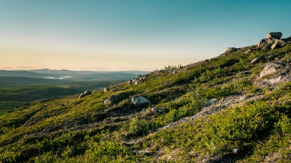 A rocky green hill in the background of a blue and yellow sky