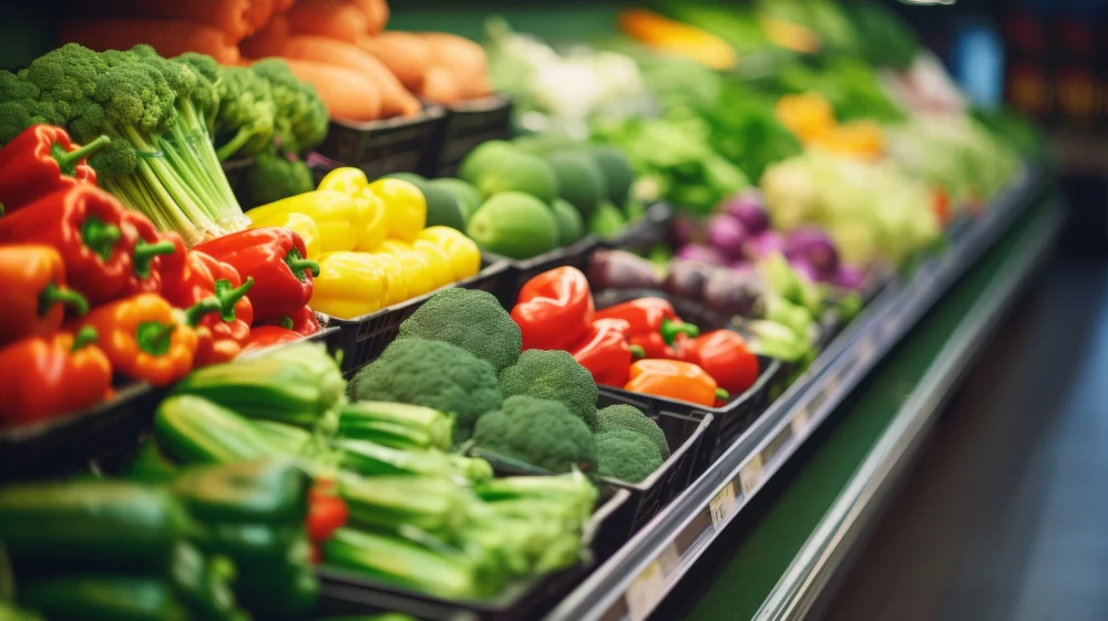 Supermarket vegetable aisle with a range of fresh looking vegetables