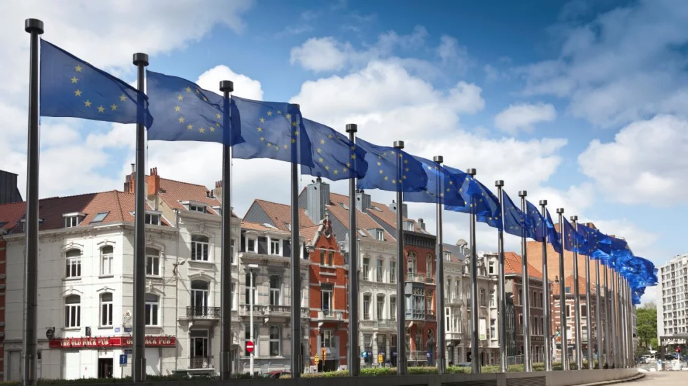 EU flags in front of the European Parliament.