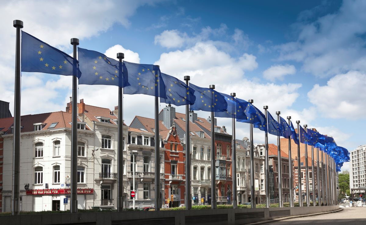 EU flags in front of the European Parliament.