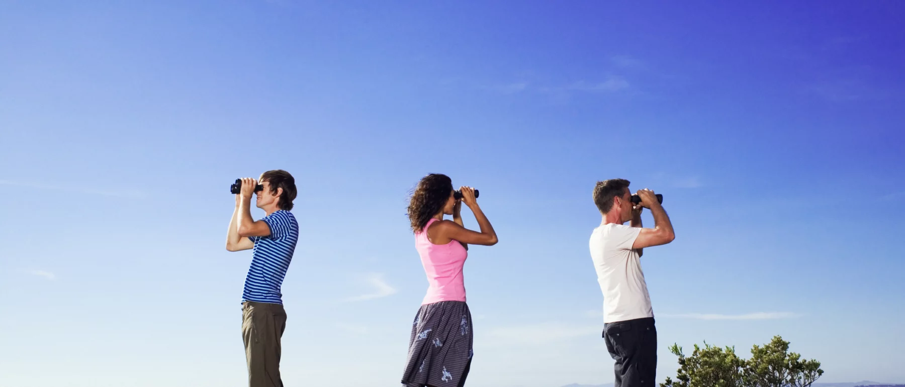 Three people looking through binoculars in different directions against the backdrop of a blue sky with green scrub forest in the lower background horizon at their knees.