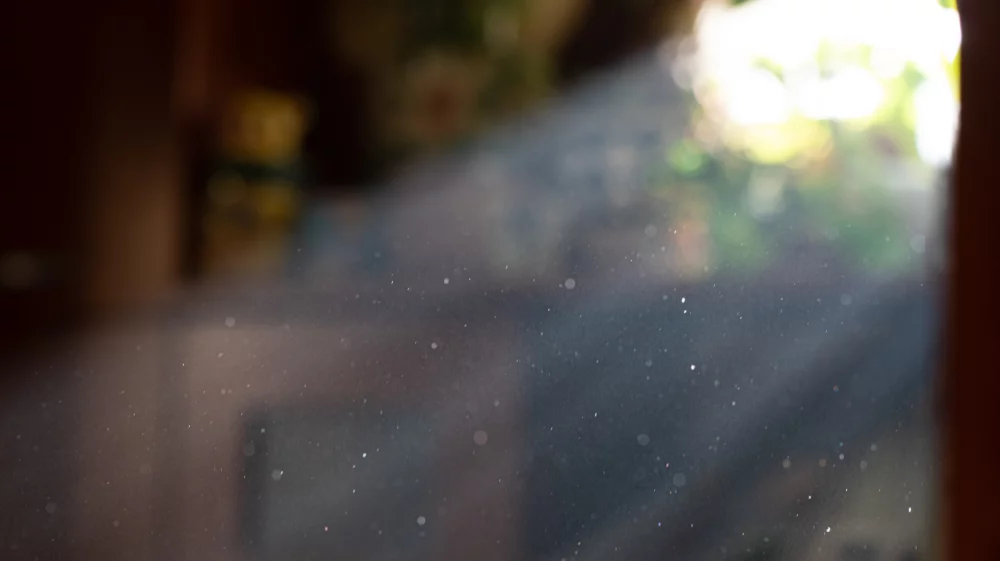 Sun spells by window with bright stream of light and visible particles indoors in room isolated.