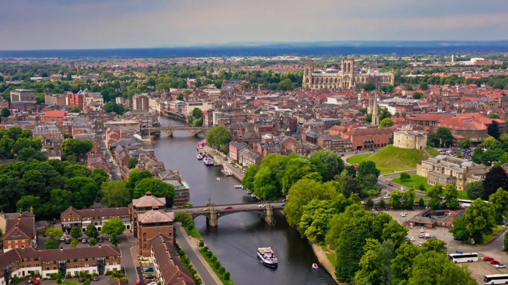 Aerial shot of York, a cathedral city in North Yorkshire, England in the Summer.