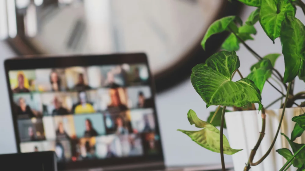Blurred screenshot of a laptop screen during a meeting with multiple people