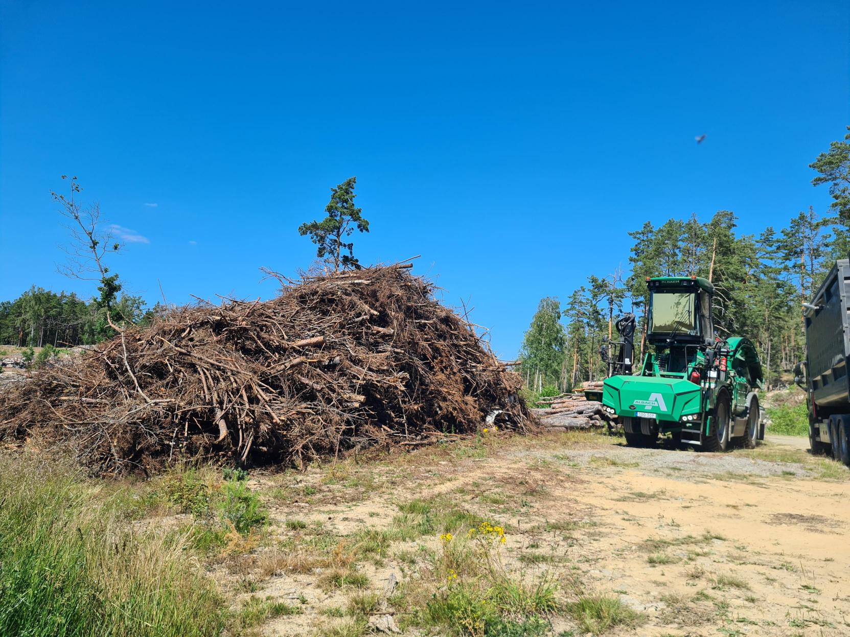 Large pile of logging residues next to a green forestry vehicle under a clear blue sky. This demonstrates the process of chipping and storing biomass for bioenergy, highlighting sustainable practices in Swedish forests.