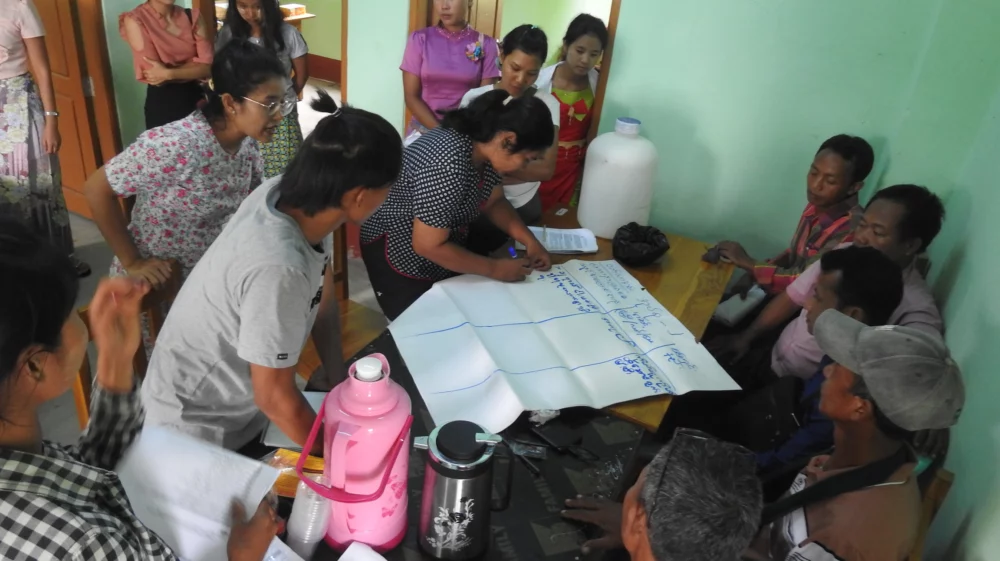 A group of people engaged in a discussion around a table during a wetland conservation training. Participants, including men and women of various ages, are gathered closely, with one person writing on a large sheet of paper placed in the centre.