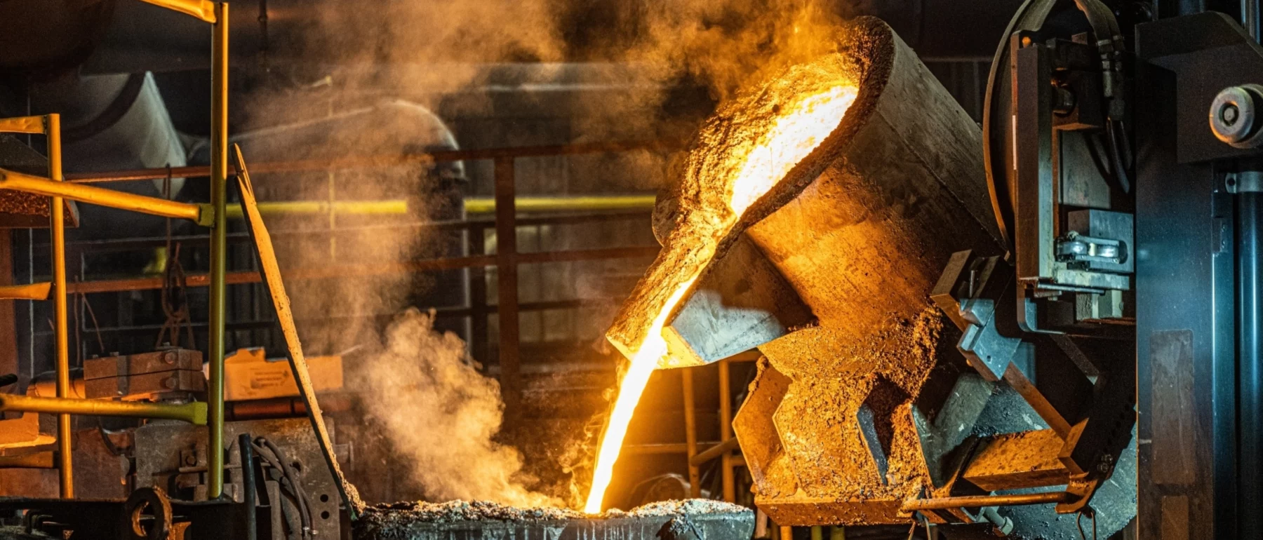 Pouring liquid molten metal from transport vessel to casting mold using forklift in steel mill