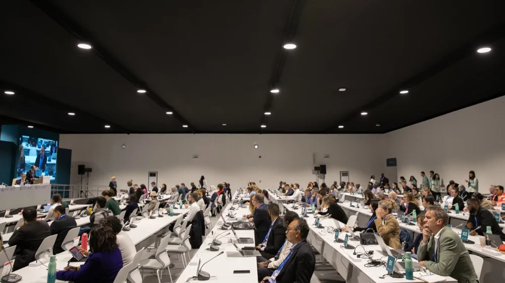 A large conference room with delegates seated at long white tables, equipped with laptops and microphones. A speaker is visible on the screen at the front of the room, addressing the audience.