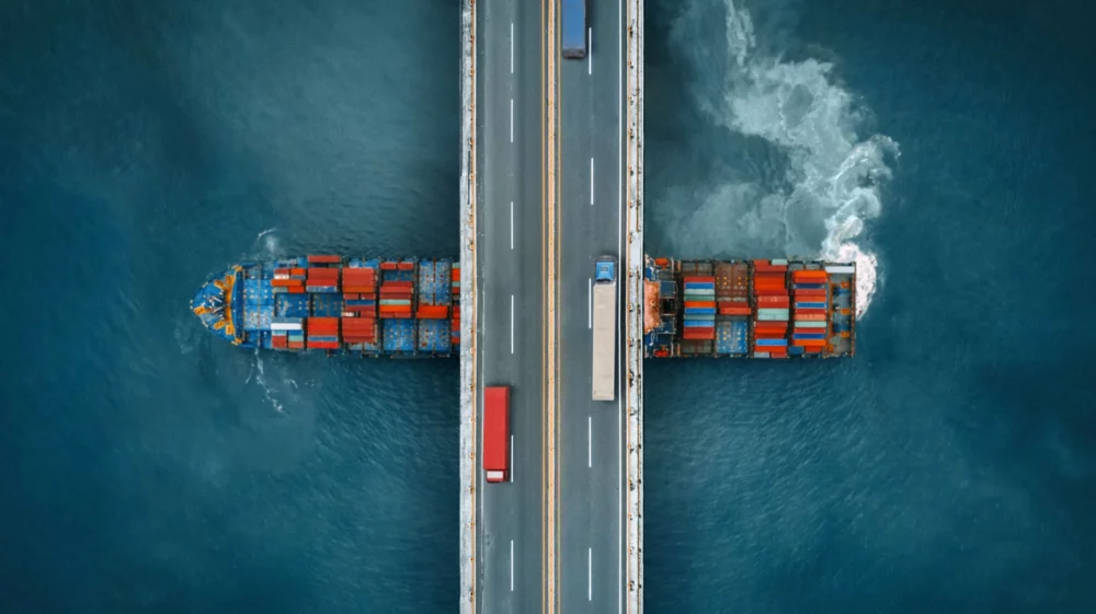 Container ship transporting goods in Spain, Europe.