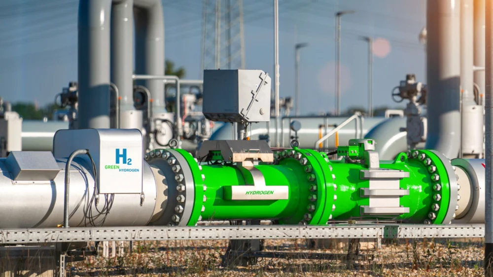 Green Hydrogen renewable energy production pipeline - green hydrogen gas for clean electricity, Germany.
