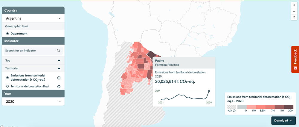 An interactive map of Argentina highlighting emissions from territorial deforestation. A tooltip for the Patino region in Formosa Province shows 20,025,614 tons of CO2-equivalent emissions in 2020, with a graph tracking emissions over time.