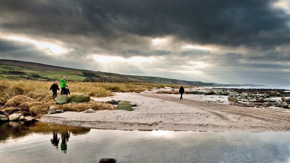 Gray cloudy skies above a beach, where water reflects the sky and three children perch on rocks between grass and sandy shore, and an adult walks away from the camera -- all in warm hats and parkas.