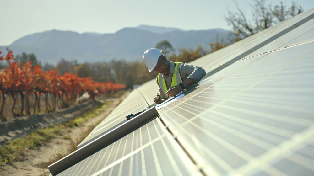 Black man, engineer or solar energy management in electricity sustainability, solar panels or sun grid plant. Worker, employee or technician on renewable energy farm, biodegradable environment or eco