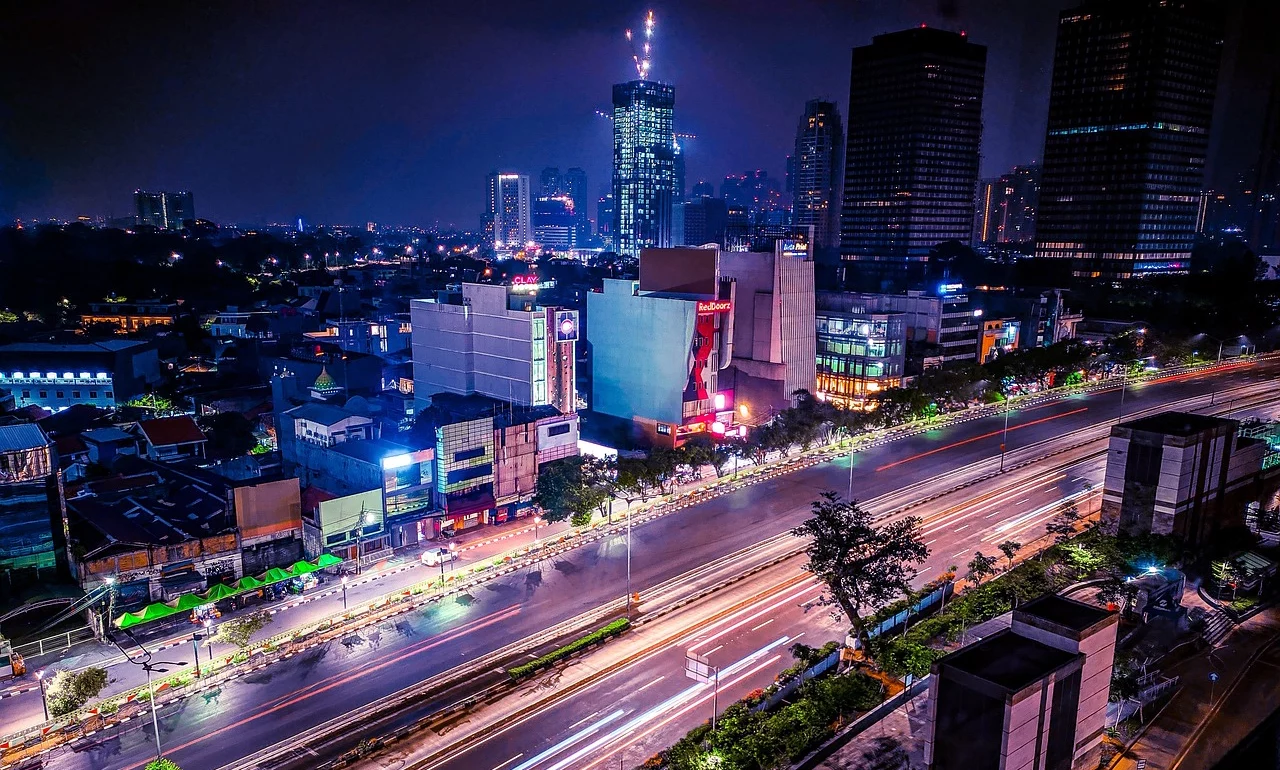 Cityscape at night of Jakarta, Indonesia.