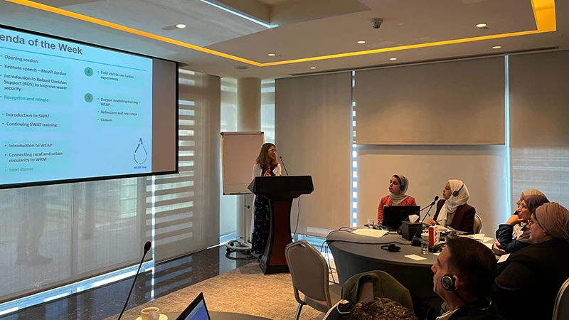 Annette Huber-Lee stands at a podium presenting the training agenda to participants seated in a conference room.