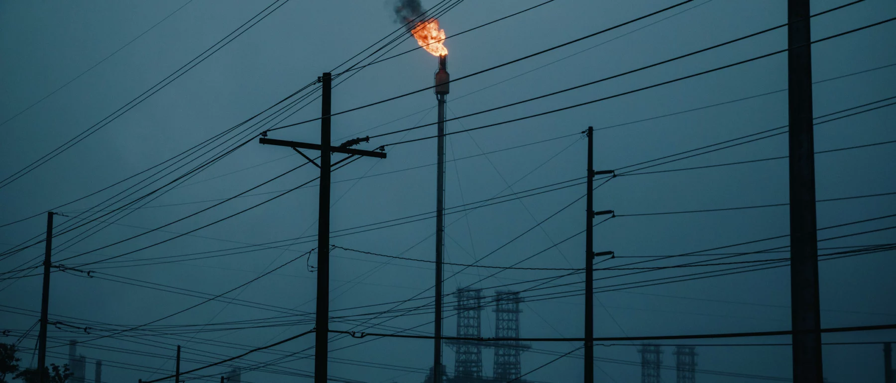 Flames emanate from a flare stack at an oil refinery behind a web of transmission lines against a dark blue dusky sky