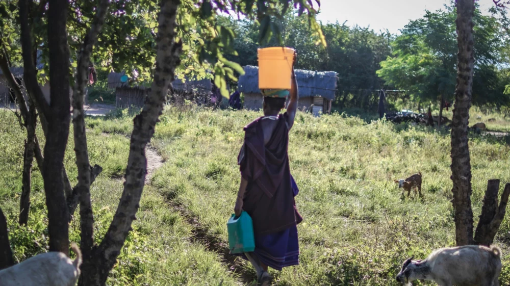 A woman walking through a field in Tanzania carrying a bucket on her head.
