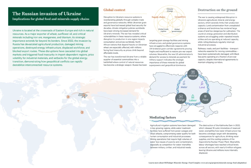 Infographic on the Russian invasion of Ukraine showing impacts on agriculture, minerals, and global supply chains, with maps, icons for food, energy, minerals, water, and text on global context and destruction.