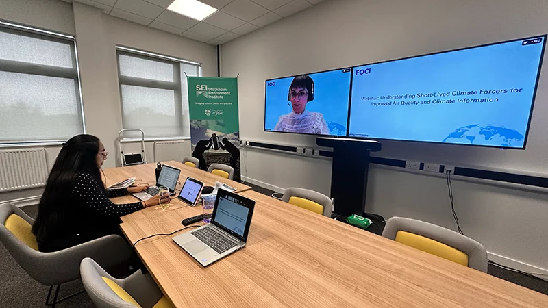 SEI staff member attending webinar with presentation on short-lived climate forcers shown on large screen.