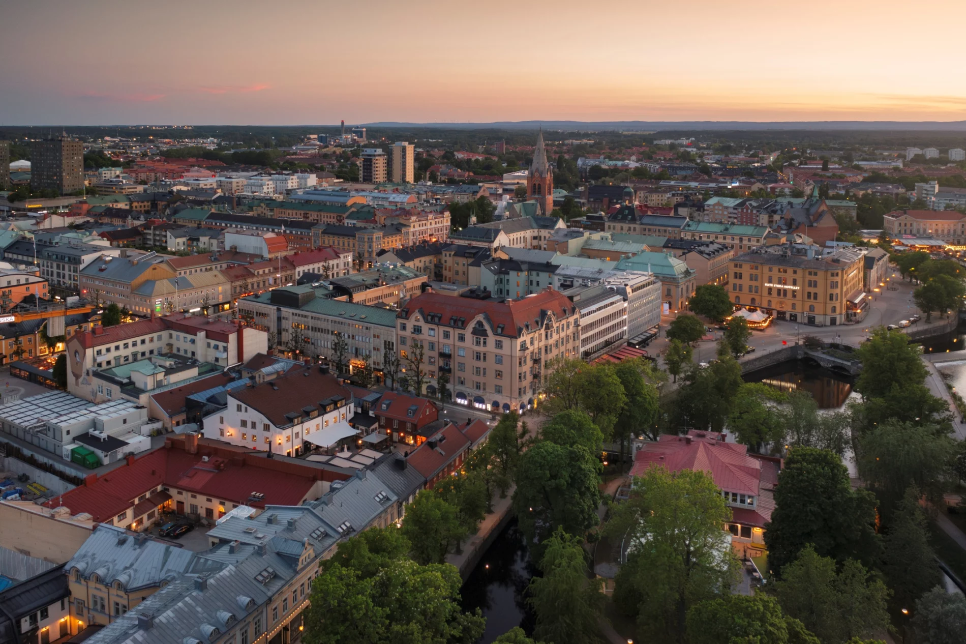 Aerial view of central Örebro on a summer evening