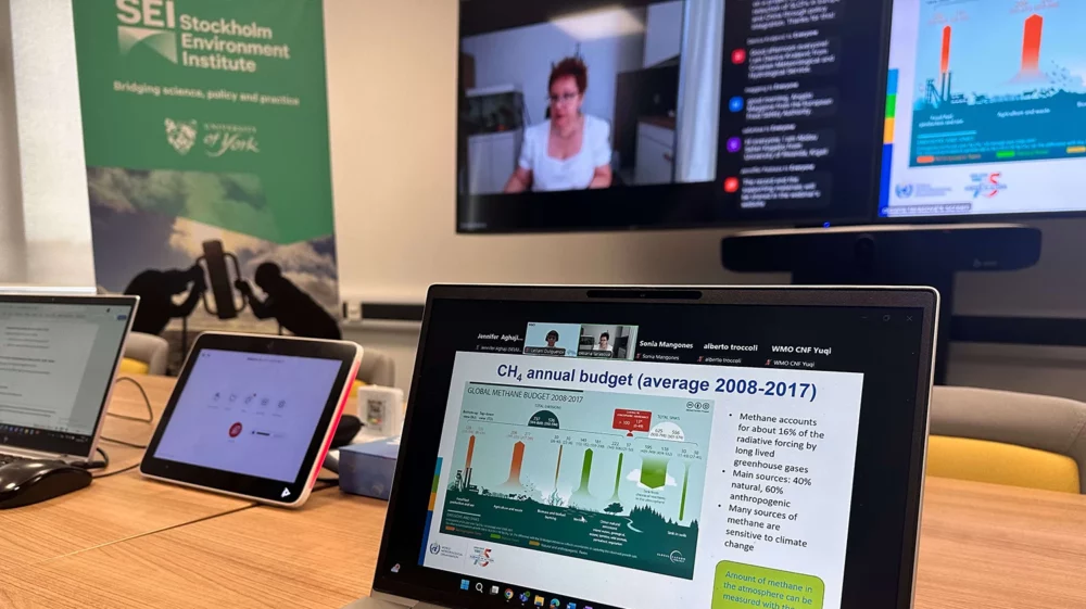 Laptop showing methane budget slide during webinar, with SEI and University of York banner in background.
