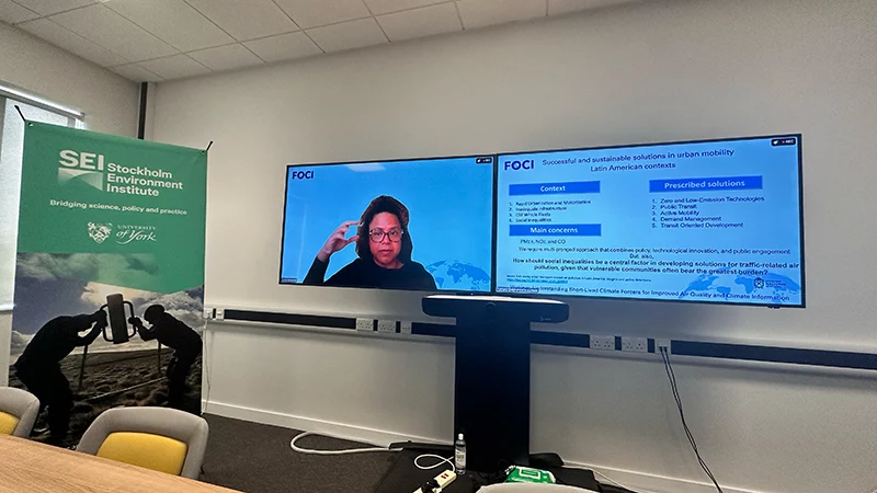 Speaker presenting remotely on sustainable mobility solutions in Latin America, displayed on large screen.