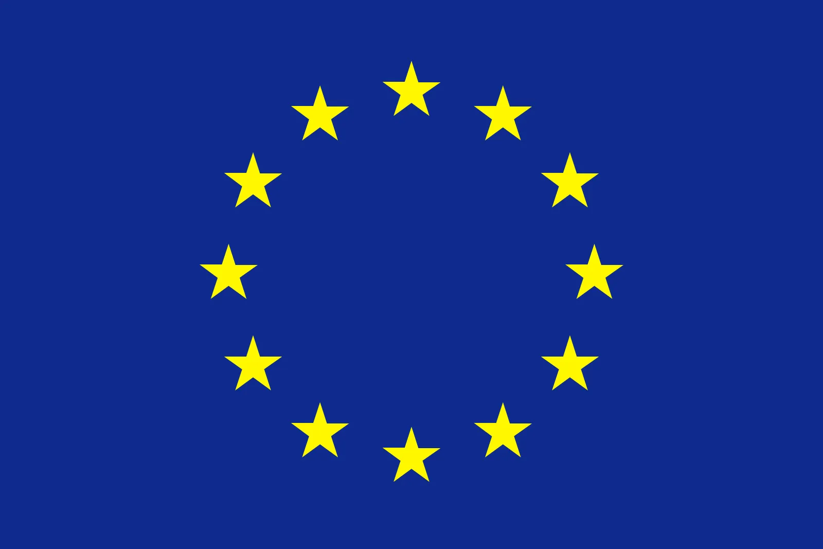 The European Union flag with 12 yellow stars on a navy background