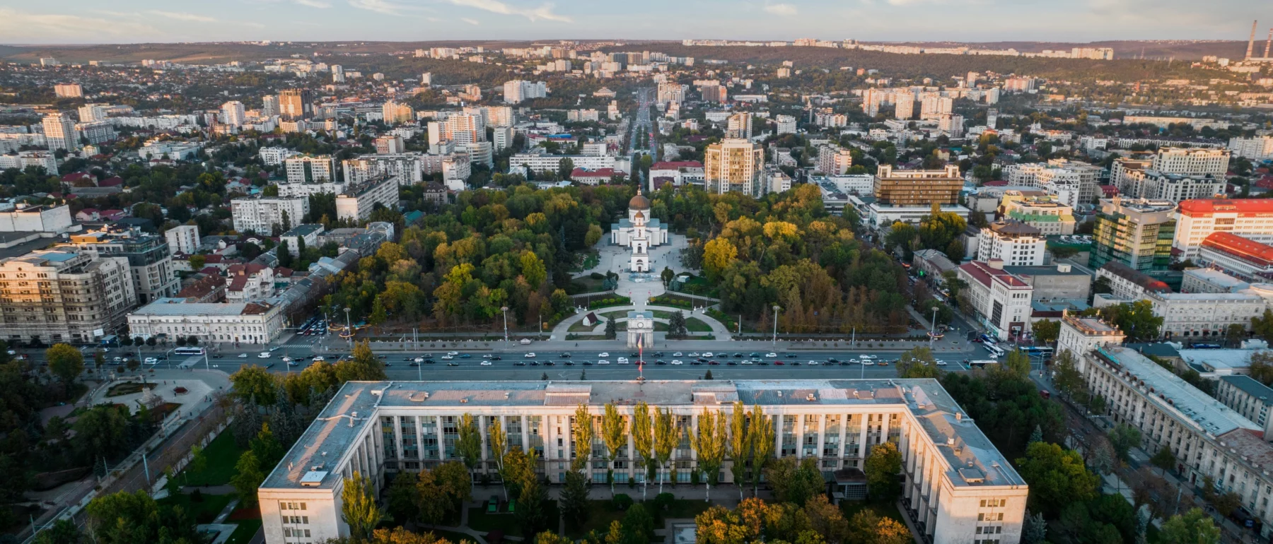 Aerial drone view of Chisinau downtown at sunset, Moldova